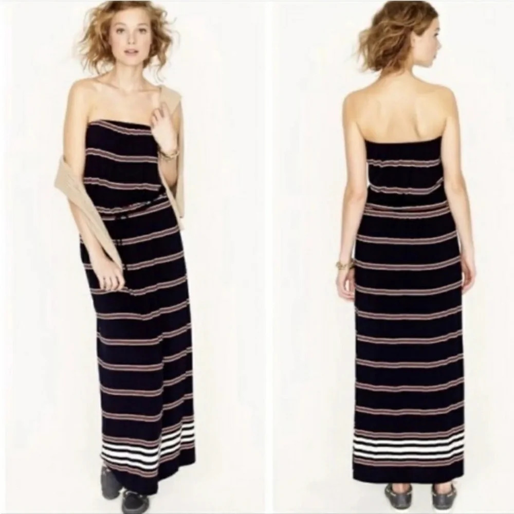 J Crew Women's Navy Blue White Jersey Strapless Pockets Striped Maxi Dress Sz M